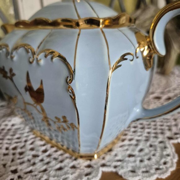 RARE 1930s Sadler Cube Teapot from England - Blue, 24KT Gold Gilding, with Birds - Picture 14 of 15